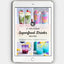 A digital tablet displaying a recipe e-book cover for '21 Delicious Superfood Drinks' with various colorful drinks and ingredients illustrated in the background.